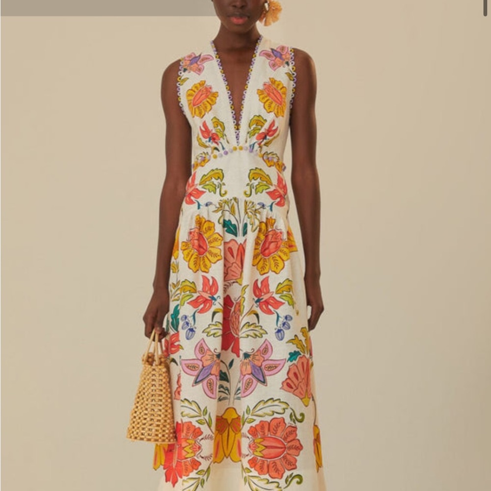 FARM Rio Off-White Floral Insects Euroflax™ Premium Linen Maxi Dress
